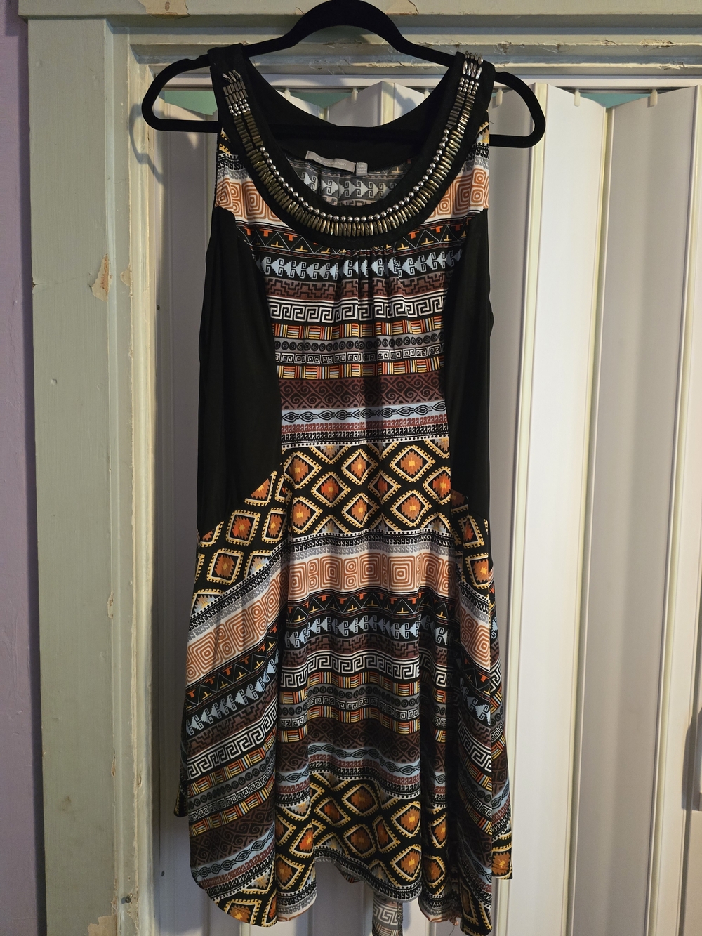 NY Collection Beaded-Neckline Aztec Print Dress - Black & Orange